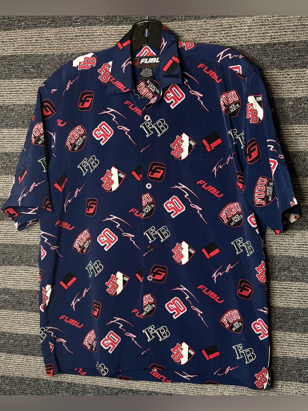 Vintage 90’s FUBU Navy Blue All-Over Print Short Sleeve Button Up Shirt Medium